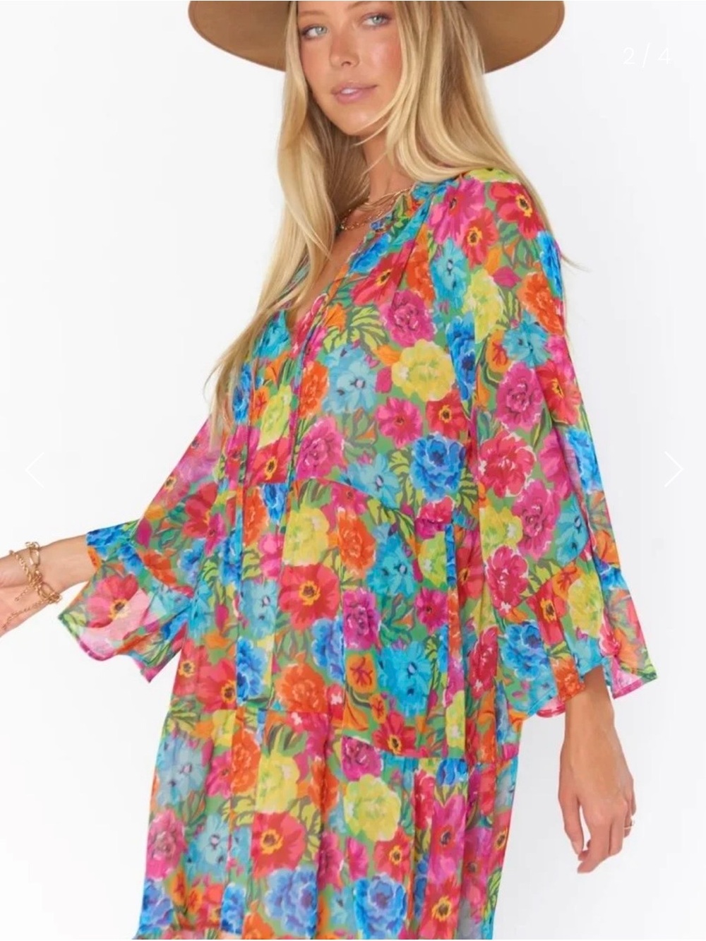 Show Me Your MUMU Floral Mini Dress Size S Boho Bell Sleeve Ruffle Multicolor - Picture 2 of 6